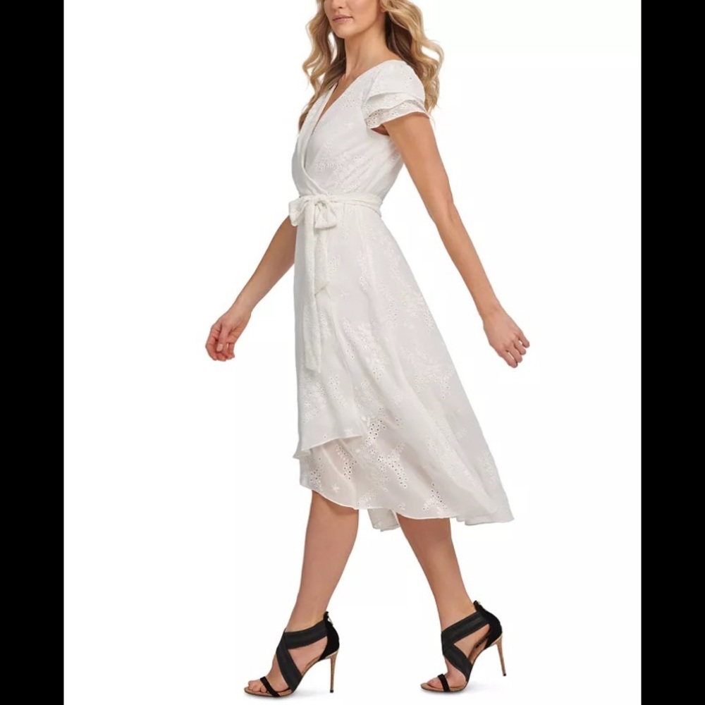 DKNY Embroidered Faux-Wrap Dress